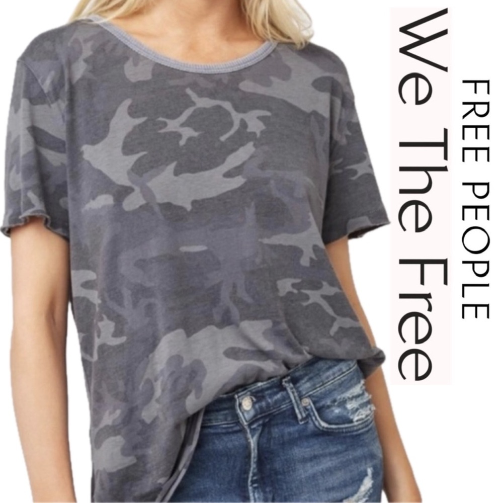 Free People We The Free Oversized Grey Gray Army Camo Raw Edge Soft T-Shirt Top